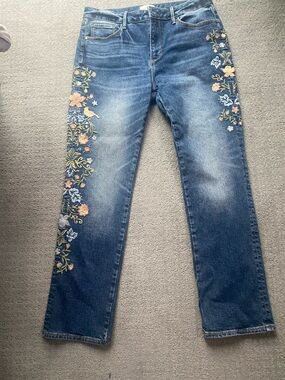 DRIFTWOOD Blue Straight-Leg Jeans with Multicolor Floral Embroidery Size 30x29